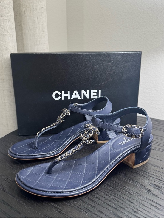CHANEL Shoes - Chanel CC Chain Strap Thong Sandals Leather Navy Blue 37.5